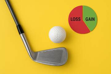 Abstract concept balance between loss and gain in a golf themed scene showing a golf club ball and a pie chart on a bright yellow background