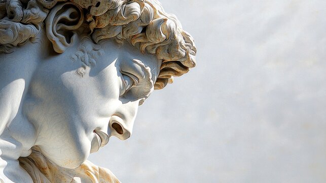 Close-up of a sculpted male head, profile view, light beige marble - Powered by Adobe