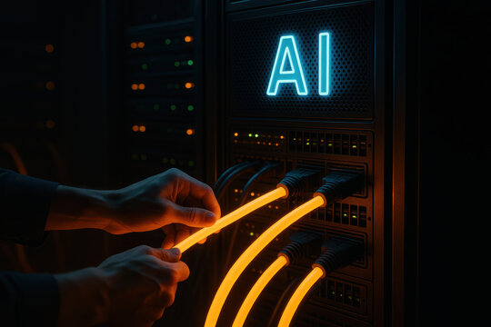 Innovative network setup shows glowing cables connected to a server rack with a bright AI label emphasizing modern technology and digital infrastructure in action