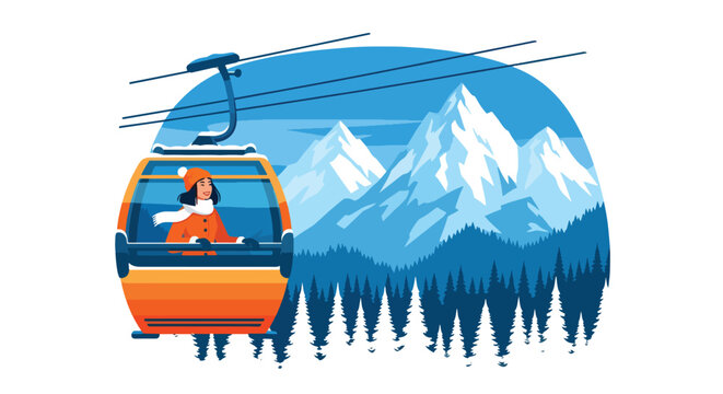 Flat vector of woman sitting inside winter cable car looking at snowy mountain landscape, serene travel adventure moment