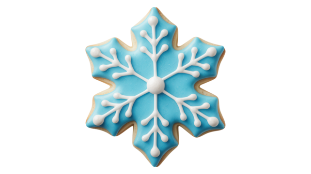 Delightful snowflake sugar cookie adorned with vibrant blue icing and crisp white royal icing details, perfect for holiday celebrations and winter themes.