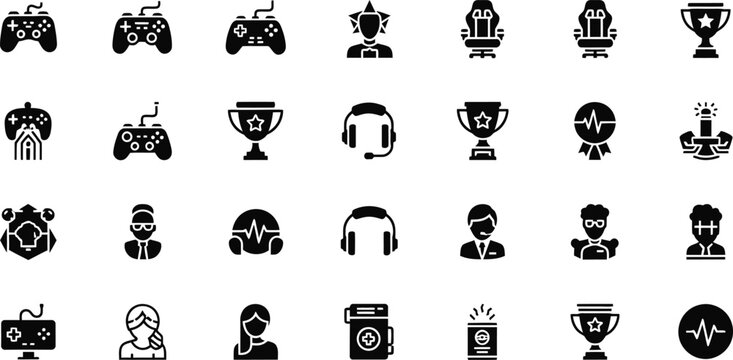 Collection of gaming icons including controllers headsets chairs trophies and avatars isolated on transparent background