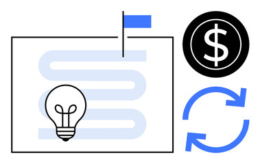 Light bulb on pathway with flag, dollar coin, and arrows suggesting creativity, goal setting, financial growth, process flow, innovation, productivity and strategy. Ideal for entrepreneurship
