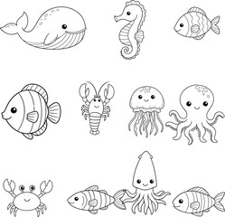 Collection of hand drawn cute marine animals isolated on white background