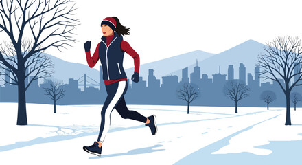 Flat vector of sporty woman running on snowy trail wearing winter fitness outfit, dynamic active lifestyle scene © meeblues