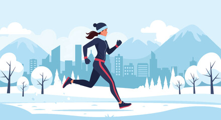 Flat vector of sporty woman running on snowy trail wearing winter fitness outfit, dynamic active lifestyle scene