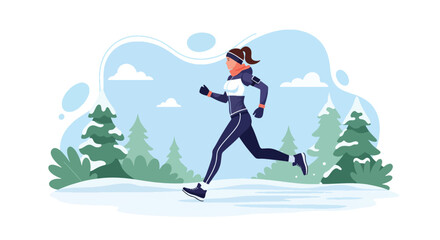 Flat vector of sporty woman running on snowy trail wearing winter fitness outfit, dynamic active lifestyle scene © meeblues