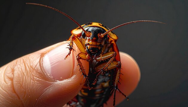 Macro Close-up of Cockroach Held by Finger