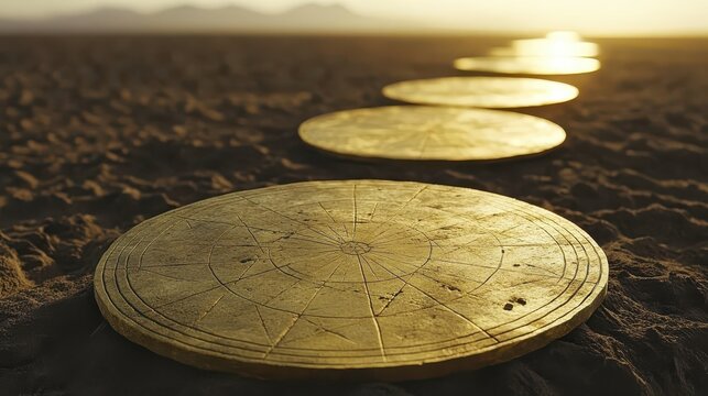 Brass Astrolabes Arrayed on the Ground with Blurred Background