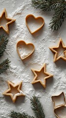 Festive holiday baking scene with star and heart-shaped cookie cutters scattered on flour-dusted surface, adorned with fresh pine branches