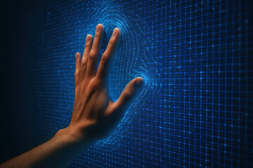 Innovative hand reaching toward a digital grid; dynamic interface with glowing blue data lattice and particle whirl around fingertips conveying technology and interaction vibe