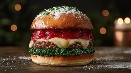 Delicious christmas burger with festive toppings and a snowy effect creating a cozy and inviting holiday scene