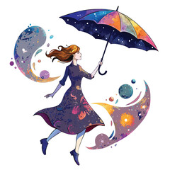 Watercolor woman with umbrella art illustration fantasy dreamy character watercolor