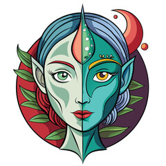Divided elf face with different colors and moon behind her