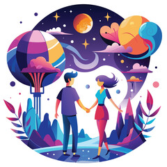 Romantic Couple Holding Hands Under Dreamy Sky and Balloon romantic