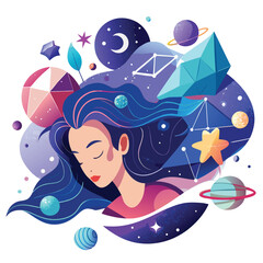Dreamy cosmic girl with planets and stars in her hair