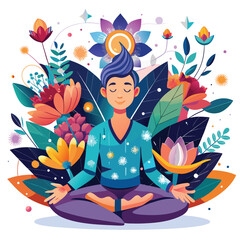 Person meditating in lotus position surrounded by floral elements person