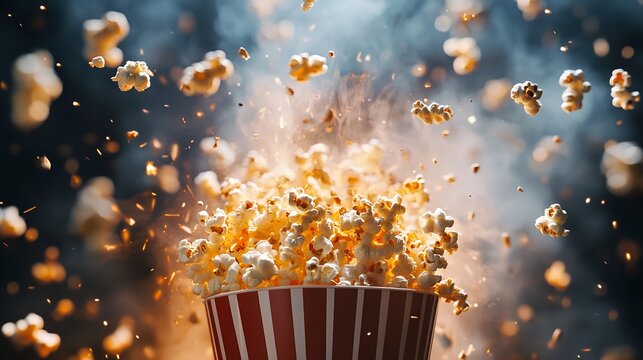 A vibrant image of popcorn exploding from a striped container, creating a dynamic and exciting visual