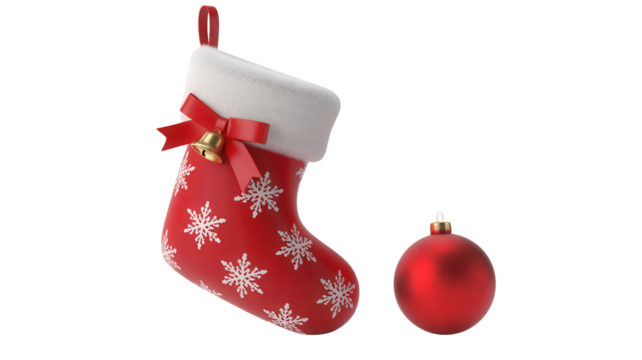 Festive red Christmas stocking with snowflake pattern and a shiny red ornament, perfect for holiday cheer and seasonal celebrations, a classic winter symbol