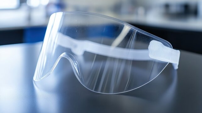 Close up view of a transparent face shield with elastic strap