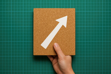 Goal driven progress toward upward direction with upward arrow on cork hand holding on green grid surface