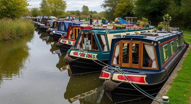 Colorful narrowboats moored in a long line along a tranquil canal waterway.