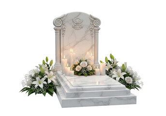 Marble tombstone with flowers isolated on transparent background