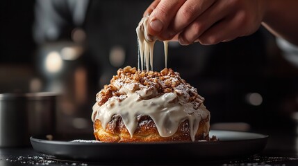 A skilled hand delicately sprinkles a creamy sauce over a freshly baked monkey bread on a dark plate