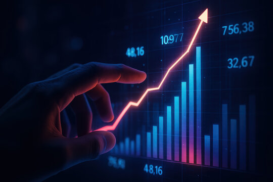 Growth trend rises as data visualization shows steady increase in value and progress signifying success and momentum in finance and market analysis - Powered by Adobe