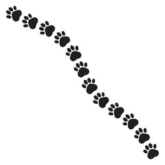 Paw vector foot trail print featuring cat, dog, and puppy silhouettes in diagonal tracks, ideal for t-shirts, backgrounds, patterns, websites, showcases, greeting cards, children's prints, and more.