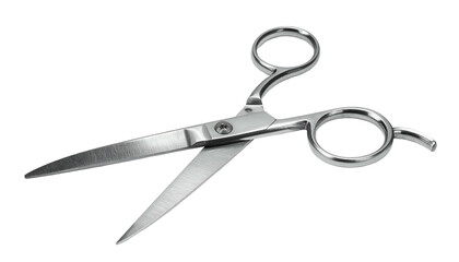 Open, shiny metal scissors against black background