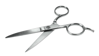 Open, shiny metal scissors against black background