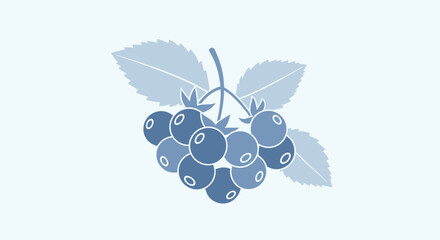Minimalist Illustration of Blue Berries and Leaves Against a Light Blue Background