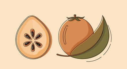 Minimalist Illustration Of Freshly Sliced Fruit, Leaf With Organic Fruit And Botanical Design