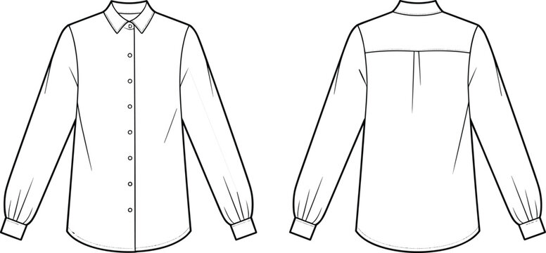 Long sleeve shirt sketch, button-up front, classic collar, gathered cuffs, front and back view, technical fashion CAD, vector garment template