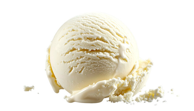 Scooped ball of vanilla ice cream, creamy texture, bright light