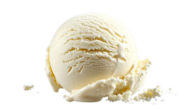Scooped ball of vanilla ice cream, creamy texture, bright light