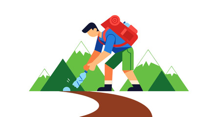 Minimalist Mountaineer Disposing of Waste on Hiking Trail Against Black Backdrop