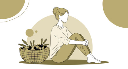 Minimalist Olive Harvest Scene Featuring A Woman Contemplating Nature's Bounty