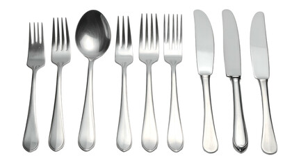 Silverware line-up forks, a spoon, and knives on black backdrop