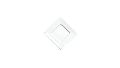 Angled square white plate with raised center on black background