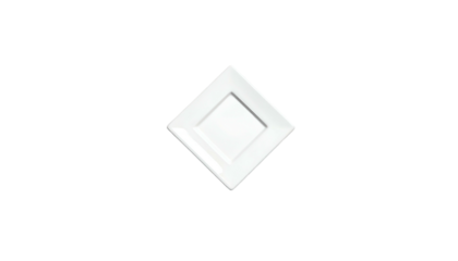 Angled square white plate with raised center on black background