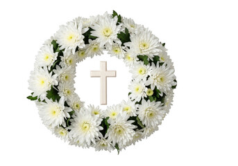 White floral wreath with cross isolated on transparent background