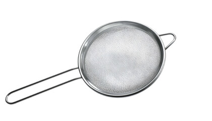 Silver kitchen strainer with mesh surface and elongated handle
