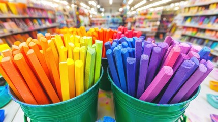 Close up of buckets filled with colorful chalk pastels for drawing