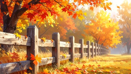 A vibrant autumnal scene of a weathered wooden fence stretching through a field with trees in full fall colors, sunlight casting a warm glow
