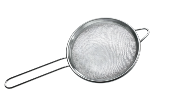 Silver kitchen strainer with mesh surface and elongated handle
