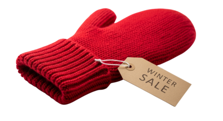 Red knitted mitten with sale tag for winter promotion concept  