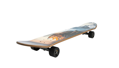 Skateboard with mountain vista scene, black wheels, wood deck