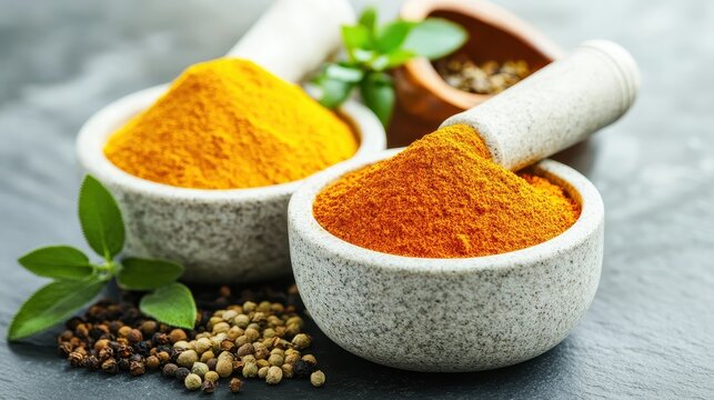 Close up of ground spices in stone bowls on a rustic table